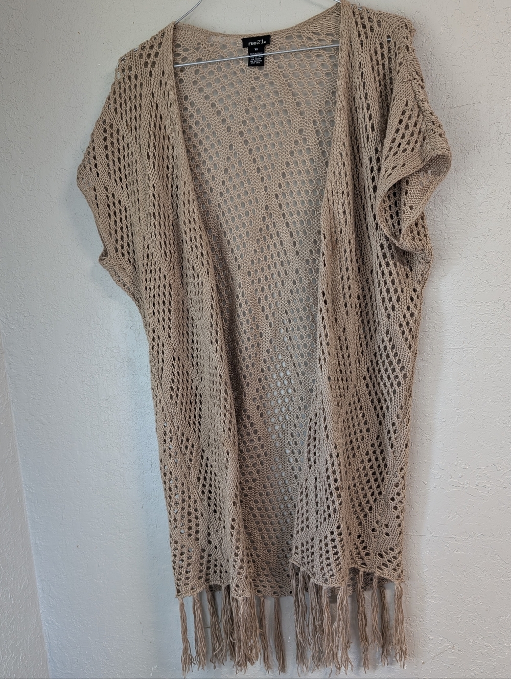 Open Weave Fringe Crochet Cardigan XS Tan Beige Festival Whimsy Witch Fairy Boho